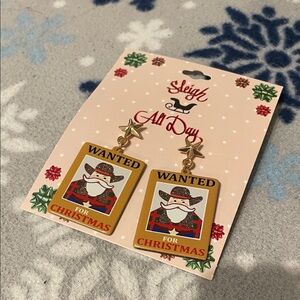 Wanted Poster Cowboy Christmas Earrings - Gold and Red